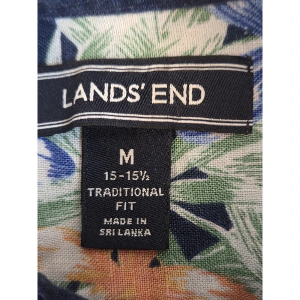 Lands End Men's M Shirt‎ 100% Linen Short Sleeve Navy Blue Floral Hawaiian Beach